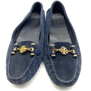 TORY BURCH NAVY BLUE GOLD SUEDE LEATHER COMFORT FLAT DRIVING LOAFER SHOES 8.5